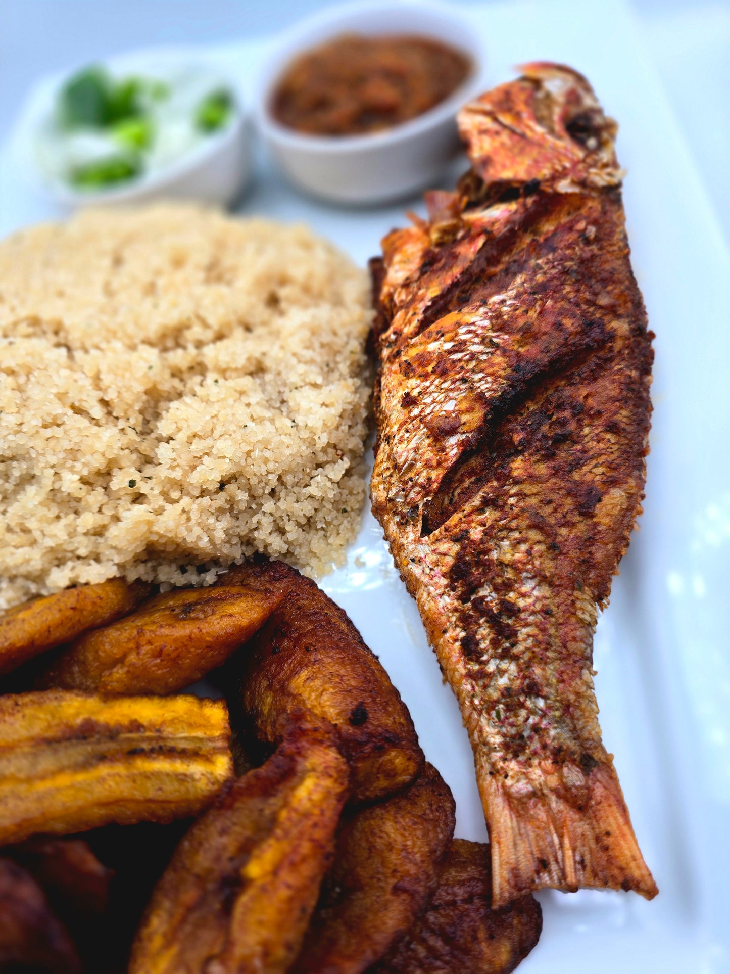 Fish, Fried Plantain, and Attieke - African Lantern
